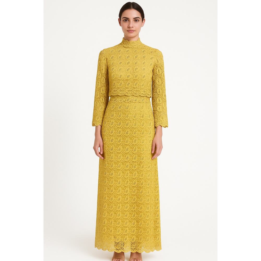 American vintage OOAK chic yellow crochet gemstone high neck maxi dress medium